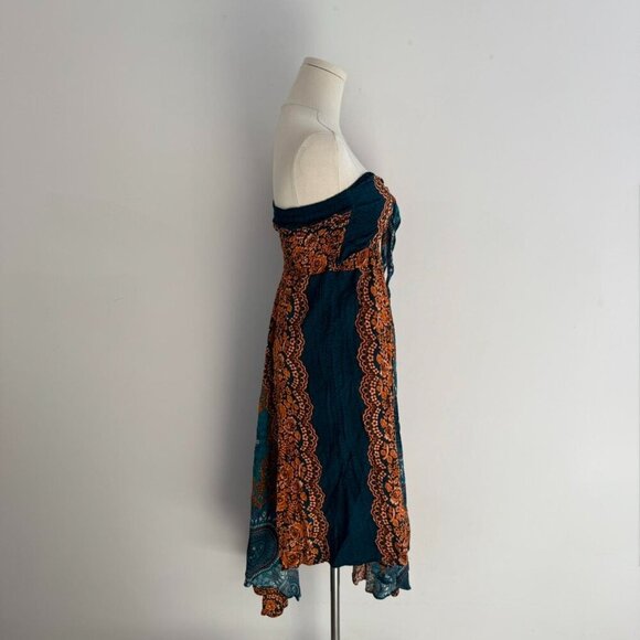 Bangkok Pants Boho Strapless Smocked  Dress |Orange/Teal Print | onesize - Picture 2 of 4
